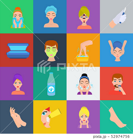 Skin care cartoon icons in set collection for design. Face and body vector symbol stock web Skin care cartoon icons in set collection for design. Face and body vector symbol stock web 52974756