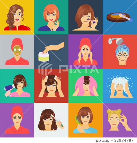 Care of hair and face cartoon icons in set collection for design. Perfumes and makeup vector symbol Care of hair and face cartoon icons in set collection for design. Perfumes and makeup vector symbol 52974797