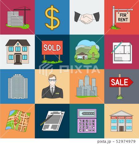 Realtor, agency cartoon icons in set collection for design. Buying and selling real estate vector Realtor, agency cartoon icons in set collection for design. Buying and selling real estate vector 52974979