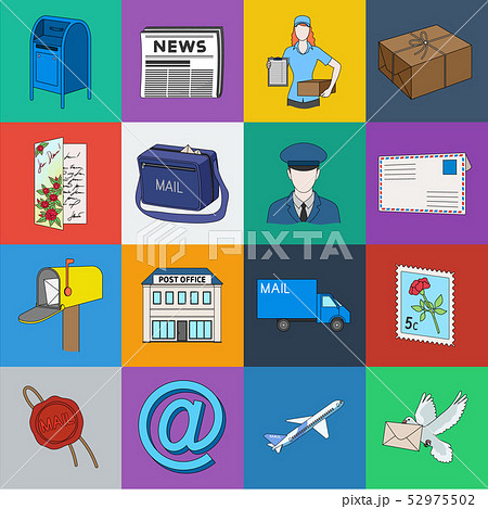 Mail and postman cartoon icons in set collection for design. Mail and equipment vector symbol stock 52975502