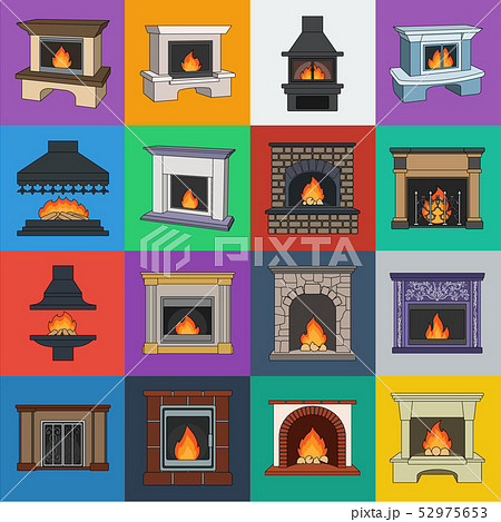 Different kinds of fireplaces cartoon icons in set collection for design.Fireplaces construction Different kinds of fireplaces cartoon icons in set collection for design.Fireplaces construction 52975653
