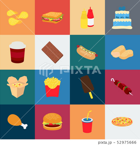 Fast food cartoon icons in set collection for design.Food from semi-finished products vector symbol Fast food cartoon icons in set collection for design.Food from semi-finished products vector symbol 52975666