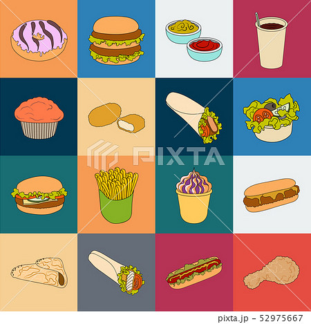 Fast food cartoon icons in set collection for design.Food from semi-finished products vector symbol Fast food cartoon icons in set collection for design.Food from semi-finished products vector symbol 52975667