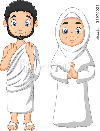 Cartoon Muslim Man and Woman wearing Ihram clothin Cartoon Muslim Man and Woman wearing Ihram clothin 52976022