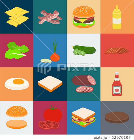 Burger and ingredients cartoon icons in set collection for design. Burger cooking vector symbol Burger and ingredients cartoon icons in set collection for design. Burger cooking vector symbol 52976107