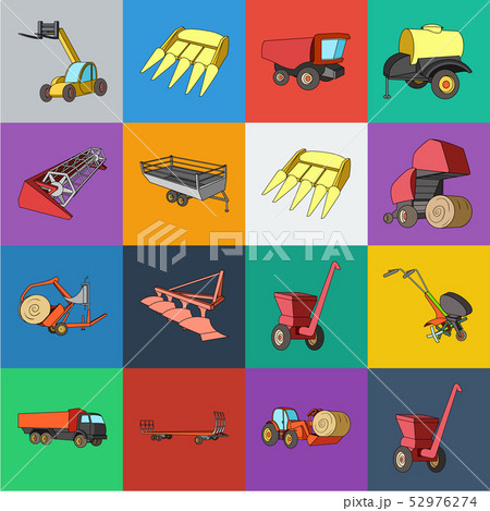 Agricultural machinery cartoon icons in set collection for design. Equipment and device vector Agricultural machinery cartoon icons in set collection for design. Equipment and device vector 52976274