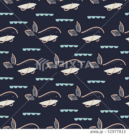 Fish seamless vector pattern. Hand drawn style dark blue fun fish background. 52977813