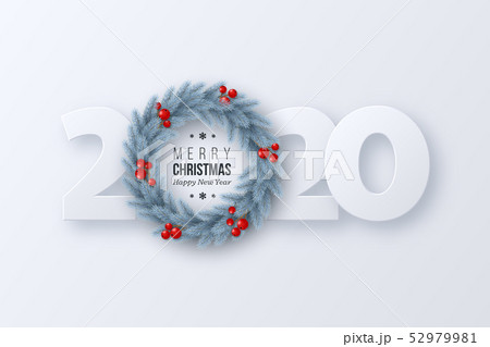 2020 New Year sign with 3d fir tree wreath. 2020 New Year sign with 3d fir tree wreath. 52979981