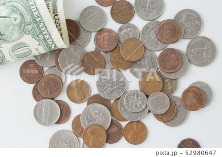 白背景に外国のおもちゃのお金遊び子供用の写真素材