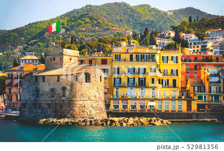 retro italian castle seaside vintage travel background Castello di Rapallo italian riviera - Italy 52981356