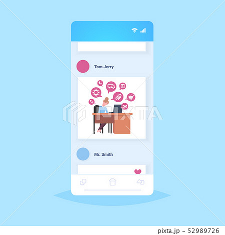 business woman sitting workplace businesswoman using laptop social media network chat bubble online 52989726
