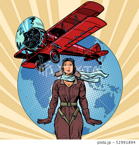 woman pilot of a vintage biplane airplane 52991894