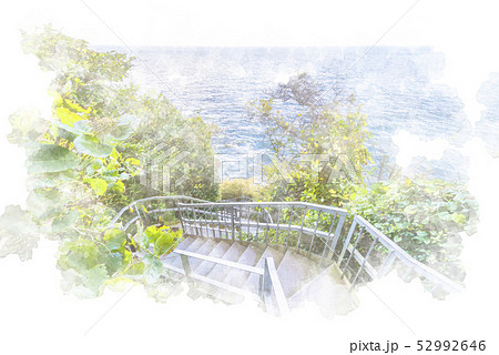 猿島の階段　水彩画風 52992646