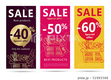 Sale flyers set with shopping basket full of food and drinks 52993566