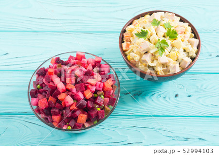 Traditional Russian salad olivier andvinaigrette Traditional Russian salad olivier andvinaigrette 52994103