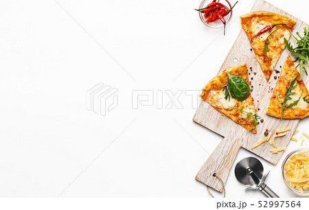 Slices Of Hot Pizza Served On Cutting Board, Copy Space Slices Of Hot Pizza Served On Cutting Board, Copy Space 52997564
