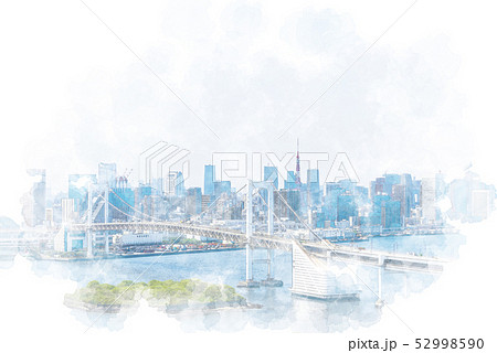 お台場から見た都市風景　水彩画風 52998590
