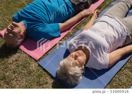 Senior man and senior woman performing yoga in the park 53000916