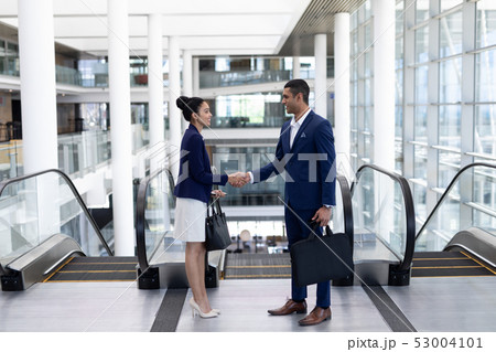 Young mixed-race business people shaking hand in modern office 53004101