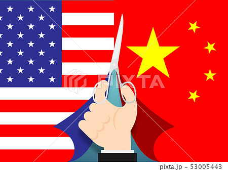 Business Hand with scissors cut flag of America 53005443