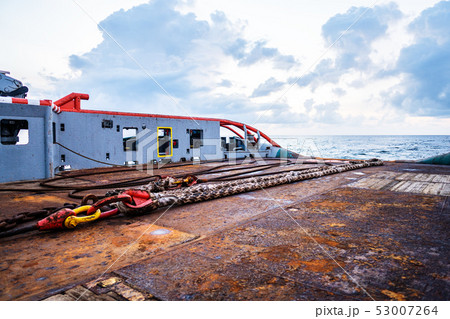 Vessel crew preparing vessel for static tow tanker lifting 53007264