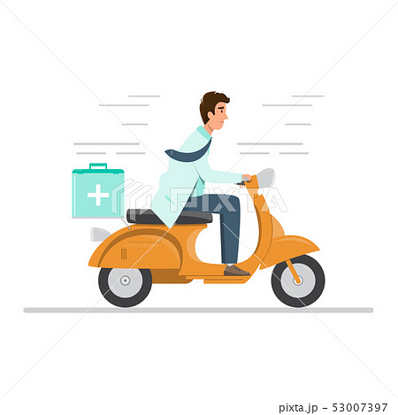 doctor in uniform riding motorcycle with medical 53007397