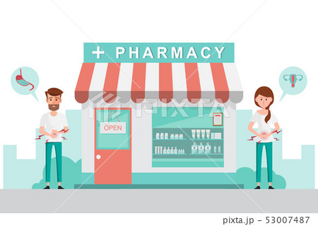 pharmacy with man and woman in front of drugstore. pharmacy with man and woman in front of drugstore. 53007487
