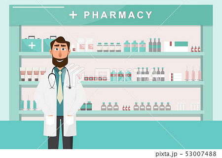 pharmacy with doctor in counter. drugstore cartoon 53007488