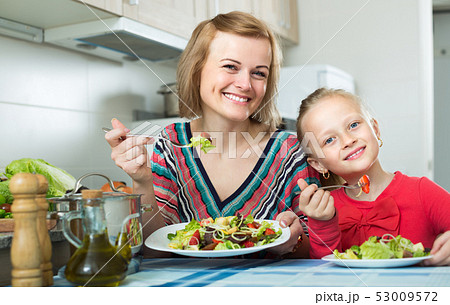 Woman and little girl eating at kitchen. 53009572