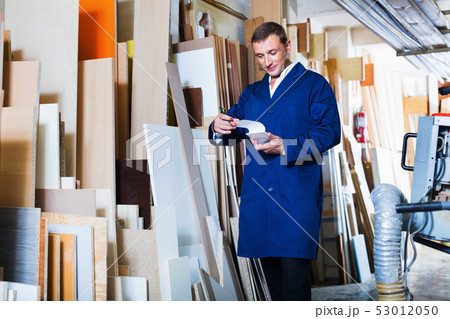 Man wearing protective workwear standing with plywood in store 53012050