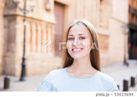 Portrait of smiling girl in Barcelona Portrait of smiling girl in Barcelona 53013694
