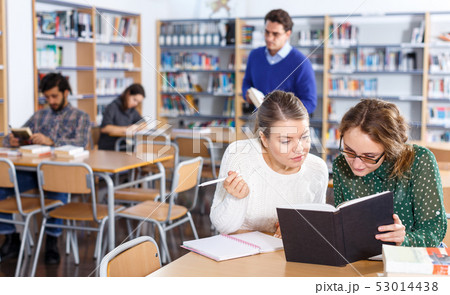 Two female students studying in library Two female students studying in library 53014438