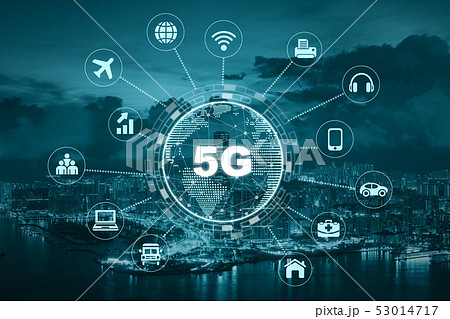 5G technology with earth dot in center of various icon internet of thing over the Aerial View of Hong Kong Cityscape, Wireless communication connection network concept. 5G technology with earth dot in center of various icon internet of thing over the Aerial View of Hong Kong Cityscape, Wireless communication connection network concept. 53014717