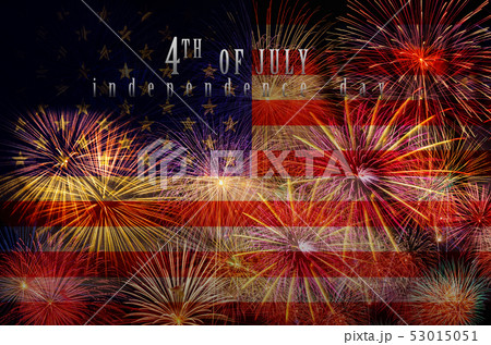 Multicolor Fireworks Celebrate over the United state of America USA flag background, Independence day concept 53015051