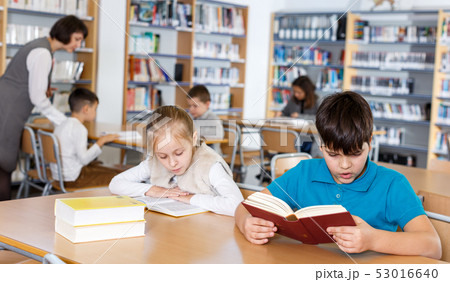 Girl and boy studying in school library 53016640