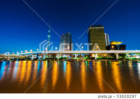 Tokyo skyline on Sumida River at night, Japan 53020297