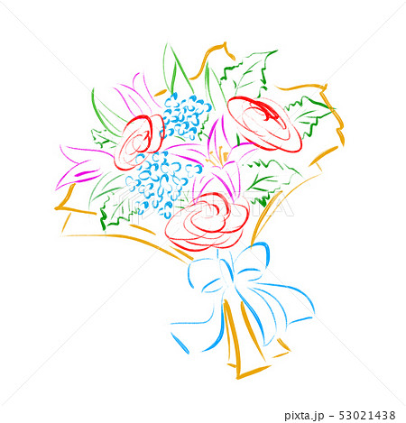 バラやユリやかすみ草のラッピングの花束のイラスト素材