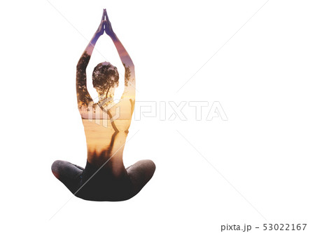 double exposure women doing yoga and a tree on 53022167