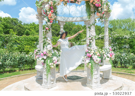 バラ園 喜びを表現している女性  薔薇の花 バラ 薔薇 花園 53022937
