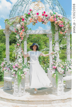 バラ園 喜びを表現している女性 薔薇の花 バラ 薔薇 花園 バラ園 喜びを表現している女性 薔薇の花 バラ 薔薇 花園 53023008