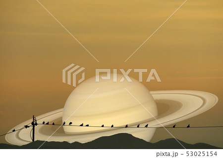 Saturn planet back silhouette birds on power Saturn planet back silhouette birds on power 53025154