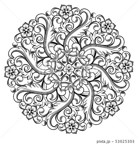 Beautiful round ornamental element for design in black and white colors. Vector illustration. 53025303