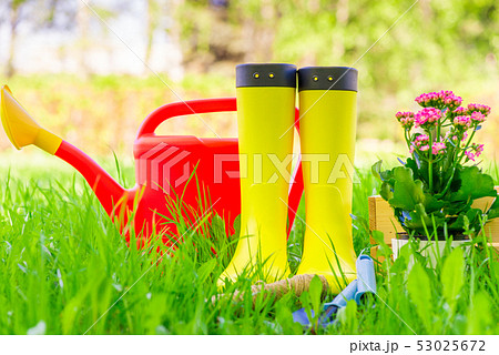 Yellow rubber boots, red watering can and tools 53025672