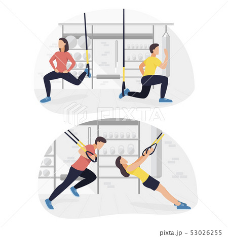 Fit people working out on trx doing bodyweight exercises. Fitness strength training workout. Fit people working out on trx doing bodyweight exercises. Fitness strength training workout. 53026255