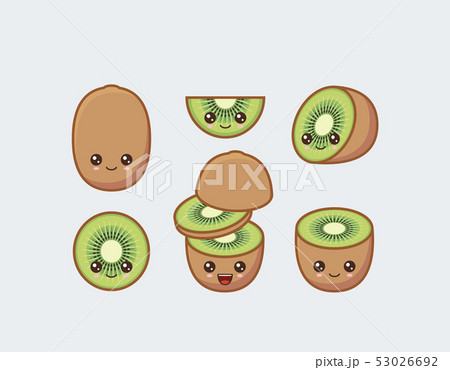 Kiwi Set Drawn Cute Kawaii Food Faces Stock Illustration