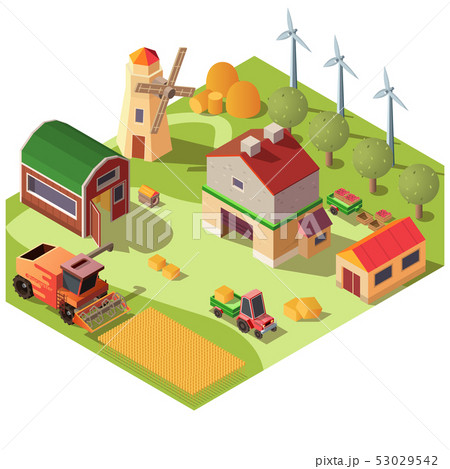 Farmyard with buildings and machines vector 53029542