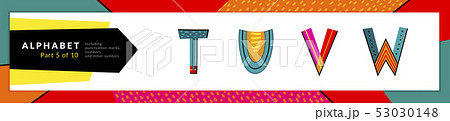 Font and alphabet. Vector stylized colorful t, u, v, w letters set. Typography design and 53030148