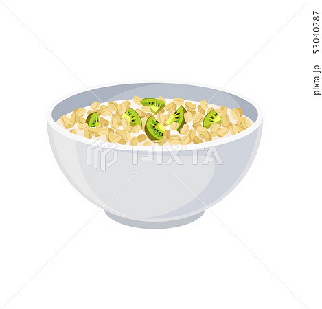 Flakes of popped rice in a ceramic bowl close-up. Vector illustration on white background. 53040287