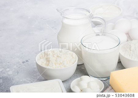 Fresh dairy products on white table background. 53043608