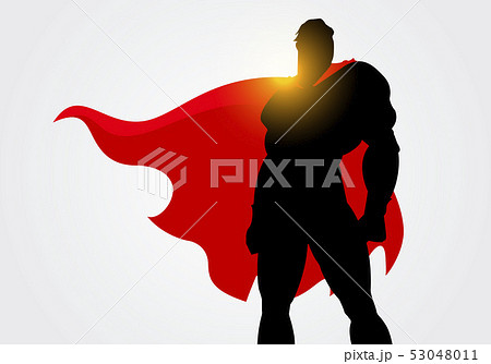 Silhouette of a Superhero with red cape posing 53048011